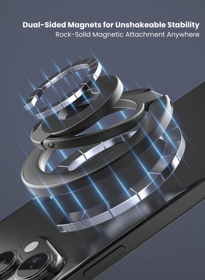 Dual Ring Magnetic Phone Holder, MagSafe Compatible 360° Rotation Tri-Fold Stand, Metal Texture for Car Mount & Live Stream - Image 2